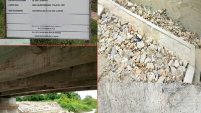 Baru Diresmikan Bupati, Jembatan Sungai Kelintang Mutu Dipertannyakan dan Batu Bekas Bongkaran Timbun Sungai